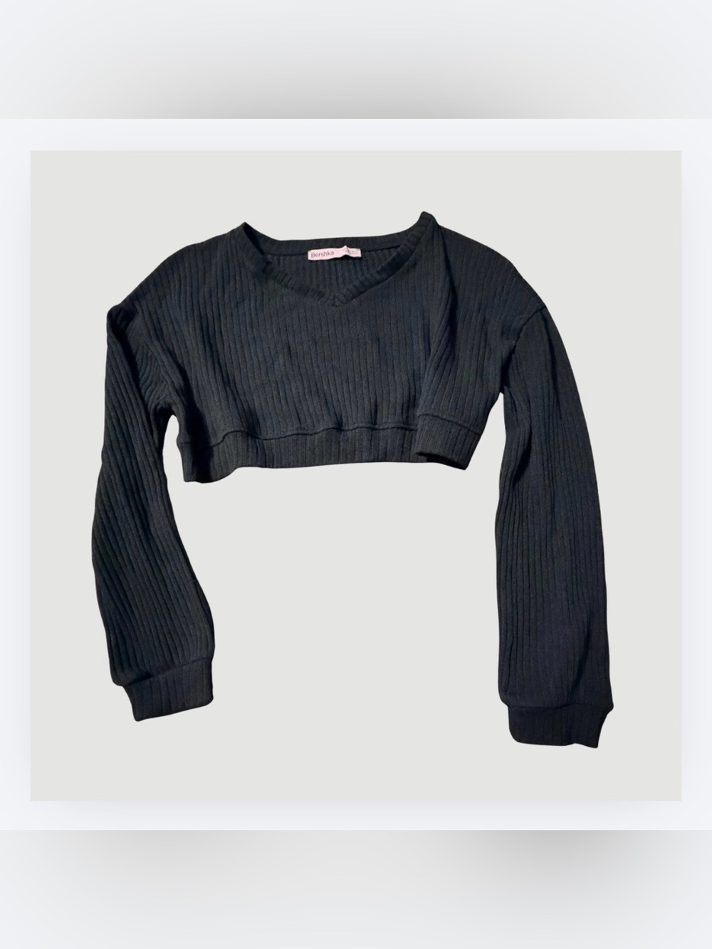 Bershka Dark Green Ribbed Oversized Cropped V-Neck Long Sleeve Top, Size Small